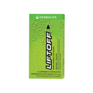 Caja verde de Herbalife Liftoff sabor lima-limón, bebida energética efervescente.