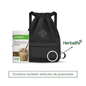 Paquete de miembro Herbalife con batido Fórmula 1 sabor café latte y mochila promocional negra.