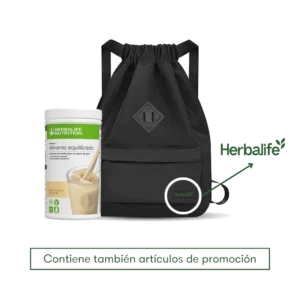 Paquete de miembro Herbalife con batido Fórmula 1 sabor vainilla y mochila promocional negra.