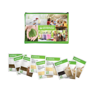 Pack de prueba Herbalife Nutrition con 9 sobres individuales de batido Fórmula 1 en varios sabores.