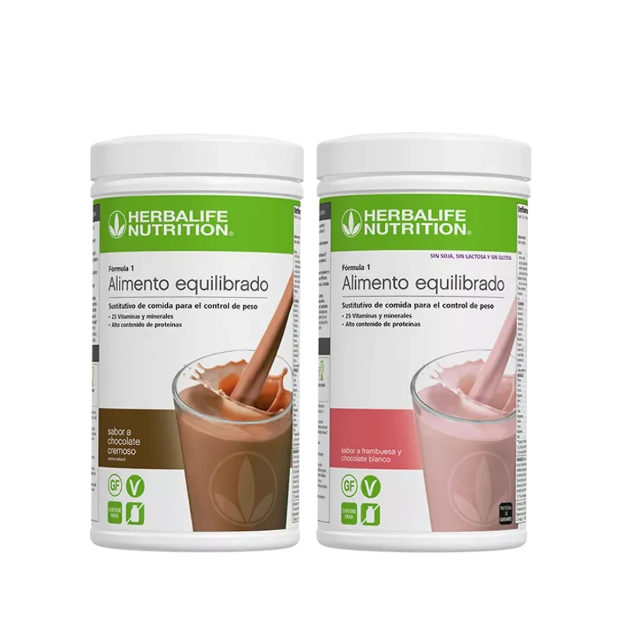 Pack de 2 Batidos Fórmula 1 Herbalife Nutrition: sabor Chocolate Cremoso y sabor Frambuesa y Chocolate Blanco (Sin Soja, Sin Lactosa, Sin Gluten) para control de peso.